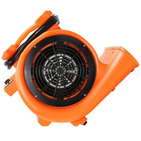 Heavy Duty Industrial Air Mover Carpet Dryer And Stackable Floor Blower With Three Speed Settings And Badass One Horsepower Motor side view with black fan grid and orange housing.