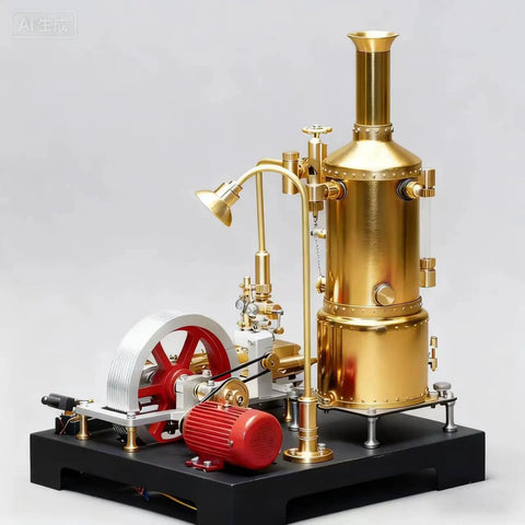 Totally Hands On Mini Steam Engine Kit With Full Boiler System, Generator And Lighting, A Realistic Metal Stationary Mill Model For DIY Engineers, Adults, And Collectors Who Love Vintage Industrial Tech. Gold metal steam engine kit with boiler, flywheel, and lamp