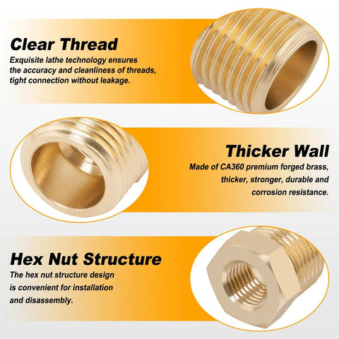 Detailed features of Must Have Brass Hex Bushing Kit 25 Pcs Fittings NPT Reducers with Teflon Tape, close-up of threads and hex nut design.