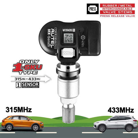 Autel TPMS sensor with metal press-in valve, 315/433 MHz, front view