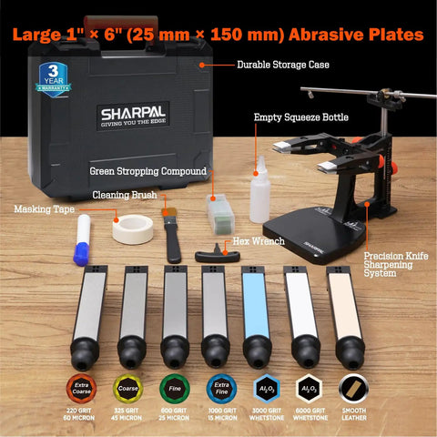 Pro Grade Knife Sharpening System with Adjustable 10 to 35 Degree Angle and a 7 Abrasives Kit including Diamond Stones 220 325 600 1000, Whetstones 3000 6000, and Leather Strop for Home Chefs and Pros, Ideal Fathers Day Gift displayed in kit format