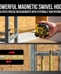 2-in-1 Laser Tape Measure, 197 FT Laser Distance Meter & 16 FT Tape with magnetic swivel hook for precise measurements.