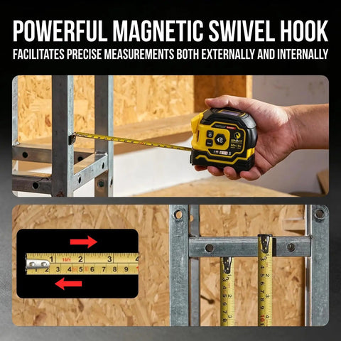 2-in-1 Laser Tape Measure, 197 FT Laser Distance Meter & 16 FT Tape with magnetic swivel hook for precise measurements.