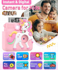 Kids Instant Print Camera Awesome Toy, 1080P HD Digital Camera For Girls Ages 3-8, 8MP Photos And Instant Black And White Prints, Easy Beginner Camera For Creative Play And School Projects. Pink silicone kids camera with unicorn case and feature icons.