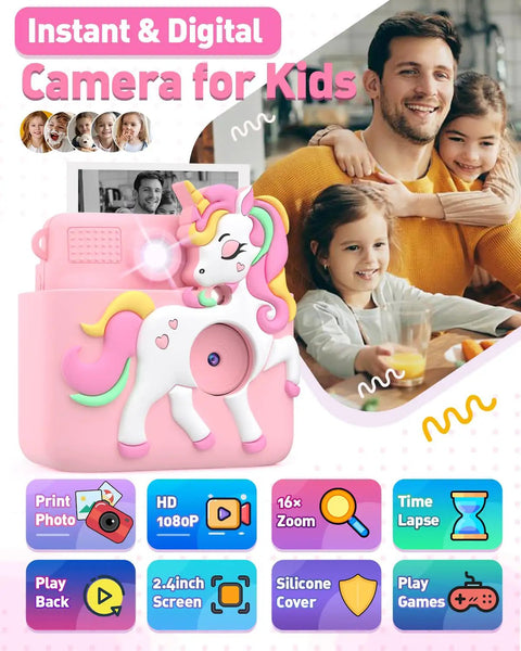 Kids Instant Print Camera Awesome Toy, 1080P HD Digital Camera For Girls Ages 3-8, 8MP Photos And Instant Black And White Prints, Easy Beginner Camera For Creative Play And School Projects. Pink silicone kids camera with unicorn case and feature icons.
