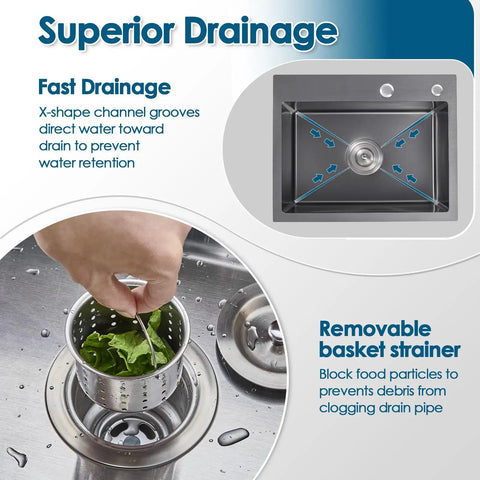 X-shaped drainage grooves in Drop In Bar Sink For Small Kitchens 20 By 16 Inch Single Bowl 9 Inch Deep 304 Stainless Steel Black Wet Bar Prep Sink