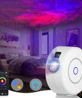 Smart Galaxy Star Projector With Nebula Night Light projecting aurora-like nebula on bedroom ceiling, app and voice control.