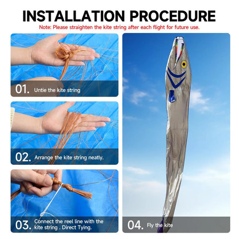 Installation steps for Massive 61ft Silver Soft Parafoil Beltfish Kite With Reel showing string untangling process.
