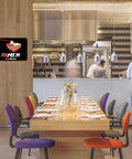 Ramen Love Dope Vintage Rustic Metal Tin Sign 8x12 Inch Wall Art decor in a modern restaurant setting with colorful chairs.