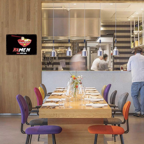 Ramen Love Dope Vintage Rustic Metal Tin Sign 8x12 Inch Wall Art decor in a modern restaurant setting with colorful chairs.