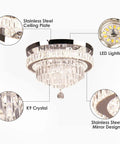 Diagram showing features of the Crystal Chandelier LED Ceiling Light With Remote Control And App Control Dimmable Pendant For Dining Room Bedroom Living Room 16 Inch Diameter K9 Crystal Bead Fixture On Stainless Steel Ceiling Plate Cool Modern Lighting