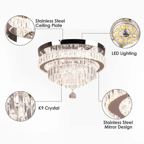 Diagram showing features of the Crystal Chandelier LED Ceiling Light With Remote Control And App Control Dimmable Pendant For Dining Room Bedroom Living Room 16 Inch Diameter K9 Crystal Bead Fixture On Stainless Steel Ceiling Plate Cool Modern Lighting