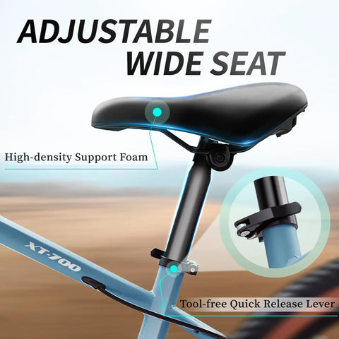 Close-up of the adjustable wide seat of a Kids Mountain Bike For Boys And Girls 24 Or 26 Inch with support foam and quick release lever.