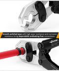PEX Crimping Tool For One Half And Three Quarter Inch Copper Rings With Go No Go Gauge Meets ASTM F1807 Standard Durable Chrome Plated Jaw Plumbing Tool For Installations And Repairs, showing polished jaws and handle.