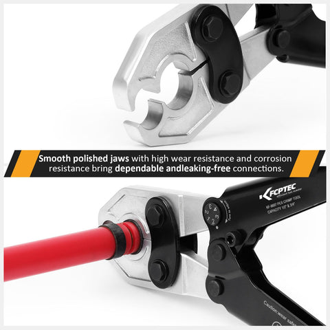 PEX Crimping Tool For One Half And Three Quarter Inch Copper Rings With Go No Go Gauge Meets ASTM F1807 Standard Durable Chrome Plated Jaw Plumbing Tool For Installations And Repairs, showing polished jaws and handle.