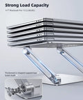 Go To Adjustable Aluminum Laptop Stand For Desk showing load capacity with seven MacBook Pro stacked, highlighting U-shaped support bar.