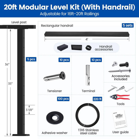 Components of 16 To 20 Ft Black Cable Railing Kit With Handrail, 36 In Tall, 5 Level Post Kit, Complete Deck Railing System shown