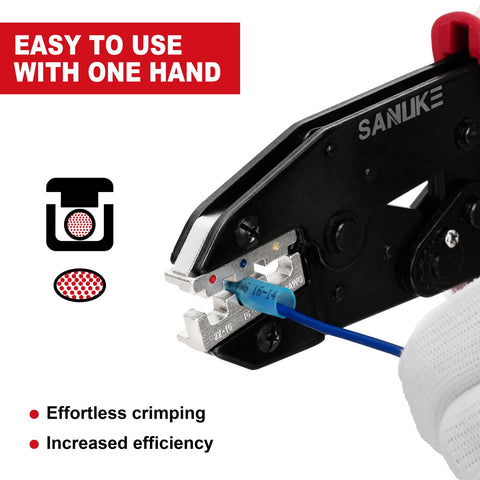 Ratchet Crimping Tool For Heat Shrink Connectors AWG 22 To 10 in use for nylon connector crimping with glove on hand.