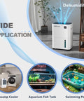 Image showcasing a dehumidifier with wide application in a room, near a swamp cooler, aquarium fish tank, and swimming pool.