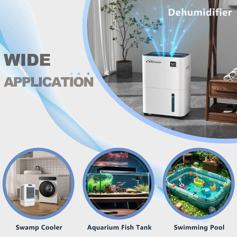 Image showcasing a dehumidifier with wide application in a room, near a swamp cooler, aquarium fish tank, and swimming pool.