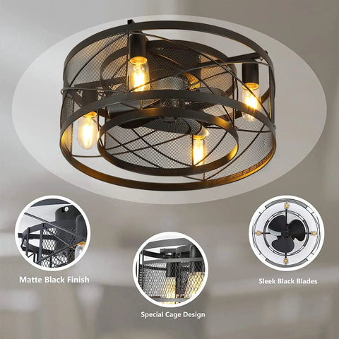 Caged Ceiling Fan With Lights 20 Inch Grain Black Finish Metal Cage 3 Blades Remote Control 6 Speeds Industrial Flush Mount