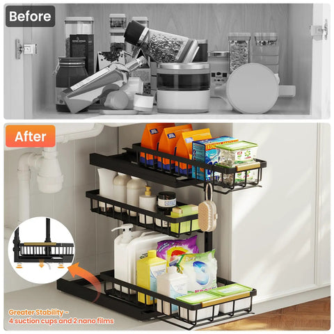 Before and after image of Under Sink Organizer Set, 2 Pack 3 Tier Pull Out Shelf Organizers with L Shaped Design in a kitchen cabinet.