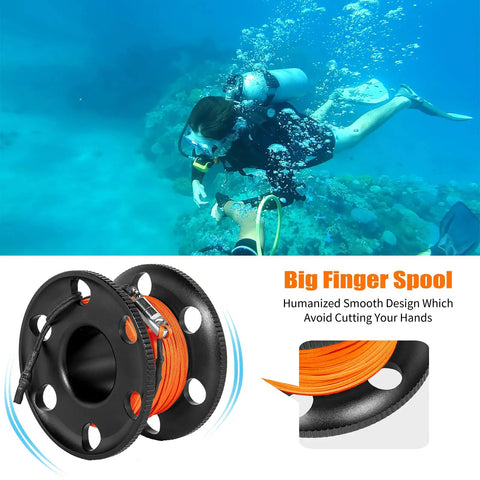 Scuba diver using 5Ft Surface Marker Buoy Set With Open Bottom DSMB, High Visibility Orange SMB, 100Ft Aluminum Finger Reel in ocean