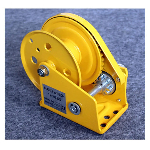 Heavy Duty Electric Hoist 2600 LB Manual Winch Hand Crank Self-Cranking Lifter With Steel Rope And Brake For Garage, Warehouse Shop Projects yellow hand winch 1200lbs pulley close-up.