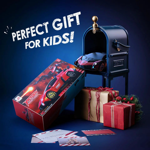 Holyton 1:10-scale transforming RC car toy on a blue mailbox display with gift boxes and cards nearby