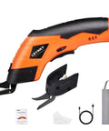 Powerful Electric Scissors Cordless For Fabric And Craft With Two Blades Cutting Cardboard Leather Plastic And Carpet Easy Use Super Sharp Heavy Duty Tool with black and orange design.