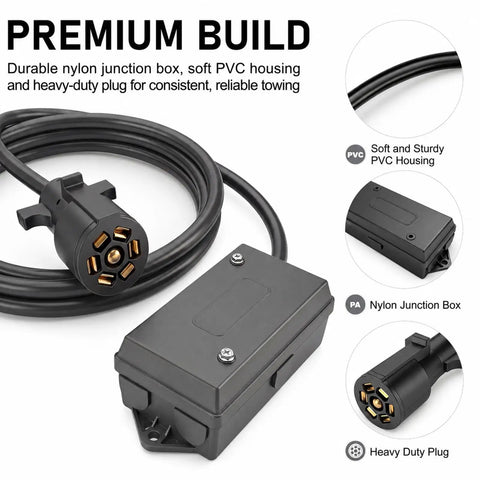 Heavy Duty 7 Way Trailer Cord With 8 Ft Wiring Harness And Molded Nylon Junction Box For RV Camper Towing showing junction box and plug.