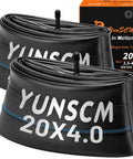 Heavy Duty 20x4 Fat Tire Inner Tubes For E Bikes And Mountain Bikes With Schrader Valve Fits 20x3.5 To 4.0 Inch Wheels Extra Thick Durable Tubes Built For Fat Tire Rides 2 Pack, black inner tubes with YUNSCM branding and boxed packaging.