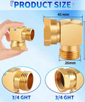 90 Degree Brass Hose Swivel Elbow 3/4 GHT Garden Hose Extension Connector No Kink Protector 360 Degree Rotating Fitting For RV Outdoor Use Heavy Duty Brass No Kink Design with size marked 45 mm x 46.3 mm