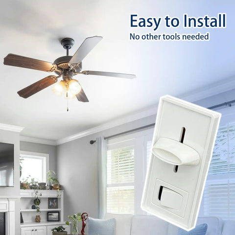 Six Pack Dimmer Switch Knobs Replacement Kit For Ceiling Lights And Wall Dimmers PETG Split Slider White Finish displayed near fan