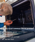 Person inspecting open oven for Sealed Burner Igniter Heads For Gas Range Replacement Pack Of 4 Easy Drop In Install No Fuss Fit.