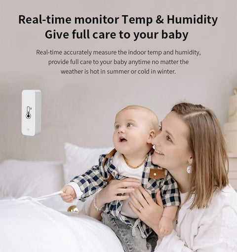 Smart WiFi Hygrometer Thermometer 4 Pack For Home Temperature And Humidity Monitoring With Tuya App No Hub Needed Real Time Alerts Remote Monitoring Indoor Temperature Humidity Graphs History Records Alexa Compatible white sensor in nursery