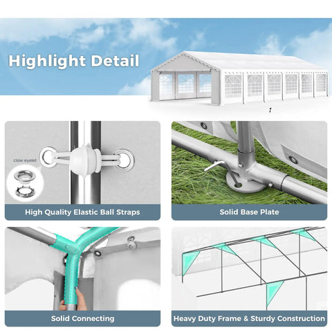 Collage showing details of Heavy Duty 20x40 Ft Party Tent With Removable Sidewalls, 7 Carry Bags, Outdoor Canopy Gazebo construction.