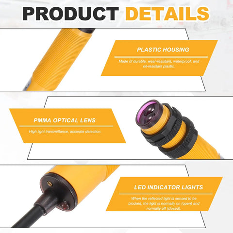 Diffuse Reflection Photoelectric Sensor M18 Three Line Detection features plastic housing, PMMA lens, LED indicator lights, 7-20 cm range.
