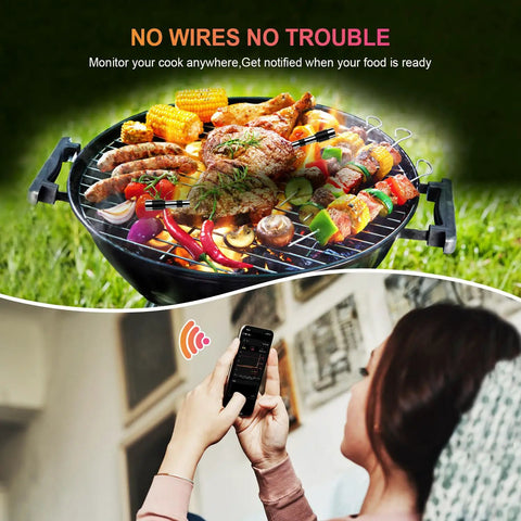 Person using smartphone app to monitor grill with Hands-Free Wireless Meat Thermometer With Dual-Sensor Probes, 500 Ft Range, Smart App Control, Real-Time Temperature For Oven Or Grill, Rechargeable Battery, Ultra-Precise For Steaks And BBQ
