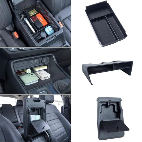 3-Piece Center Console Organizer Set for Honda CR-V and CR-V Hybrid 2023 2024 2025 2026 Custom Fit Armrest Tray Console Tray and Hidden Storage Box Durable ABS Car Accessories shown installed and separately.