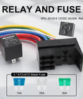 12V 3 Way Fuse Relay Kit With 5 Pin SPDT 40A Heavy Duty 12 AWG Copper Wires shown with relay and three blade fuses