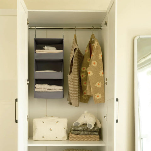 Hella Spacious Three Shelf Hanging Closet Organizer, Foldable Gray Storage Bin For Apartments RV Campers, Straight Up Durable Wardrobe Rack Total Game Changer For Clothes And Accessories