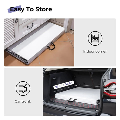 6 Foot Folding Table Portable Beefy Heavy Duty Plastic Fold In Half Utility Table stored in car trunk and indoor corner