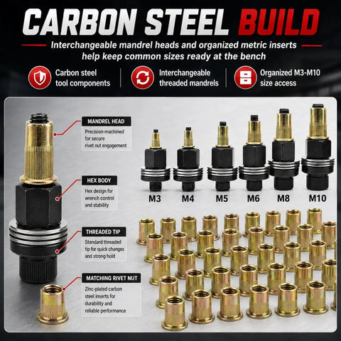 Rivet Nut Tool Kit M3 To M10 With Six Mandrels And Sixty Rivet Nuts Hand Or Drill Compatible Rivnut Setter For Auto And Metal Fabrication Repairs Quick Strong Threaded Inserts carbon steel mandrels and rivet nuts
