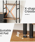 Industrial Rustic 47 Inch Wide Bookcase with X-shape crossbar and adjustable feet pad, showcasing durability and stability features.
