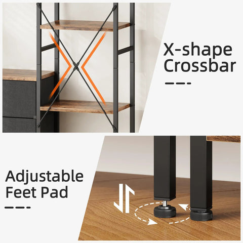 Industrial Rustic 47 Inch Wide Bookcase with X-shape crossbar and adjustable feet pad, showcasing durability and stability features.