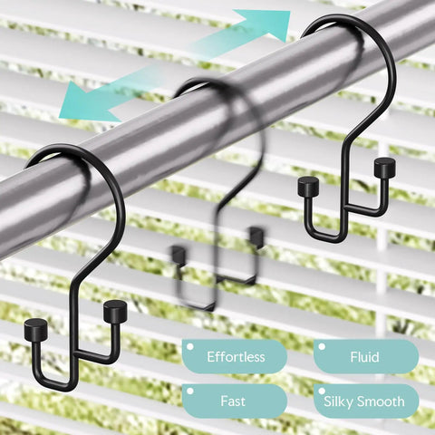 12 Pack Double Shower Curtain Hooks Rust Resistant Metal Rings With High Low Design To Separate Liner And Curtain for Smooth Glide in Black on rod