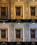 No Sweat 4 Pack Of 6 Inch Ic Rated Led Recessed Can Lights With A Chill Amber Night Light And Quick Swap 5CCT Color Trim For Slick White Ceiling Installations displayed in various color temperatures.
