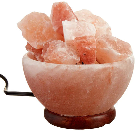 Himalayan Salt Lamp Bowl With Crystal Chunks, Dimmer Cord, And Classic Wood Base, Premium Authentic From Pakistan, Handcrafted Home Decor