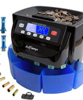 Aifieego High Speed Coin Counter Sorter And Wrapper Machine For US Dollars, black and blue design with coin bins and tubes.